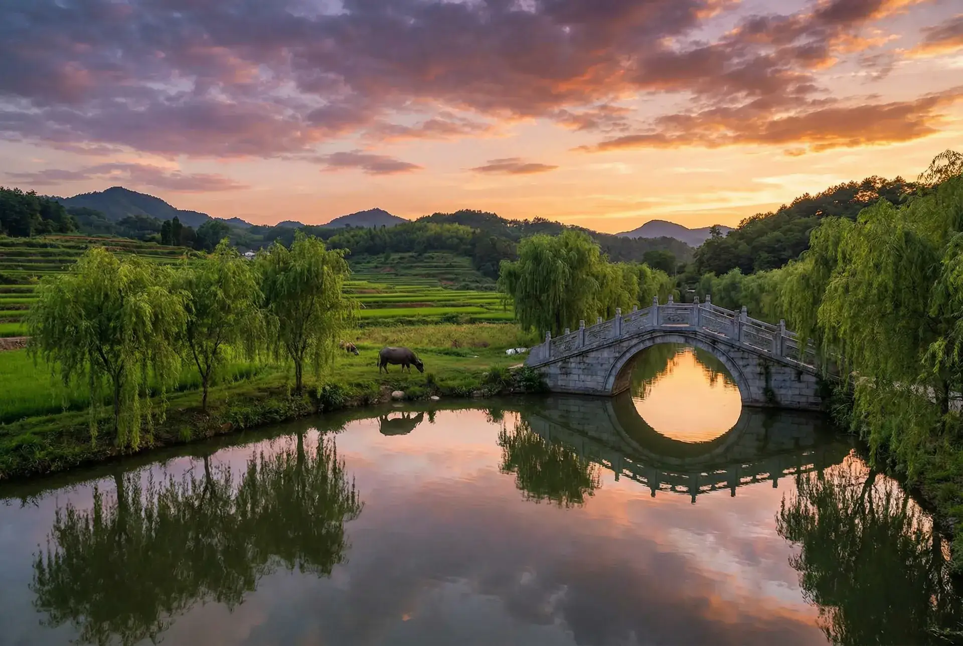 夕阳下的石拱桥与垂柳，水牛在河边吃草 - 百万赢家 乡村美景